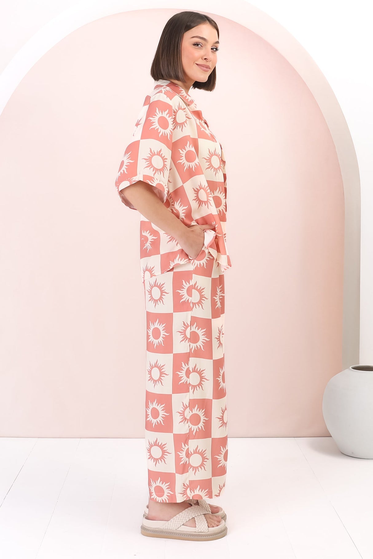 Rayane Collared Shirt and Pants Set - Sulane Print in Pink