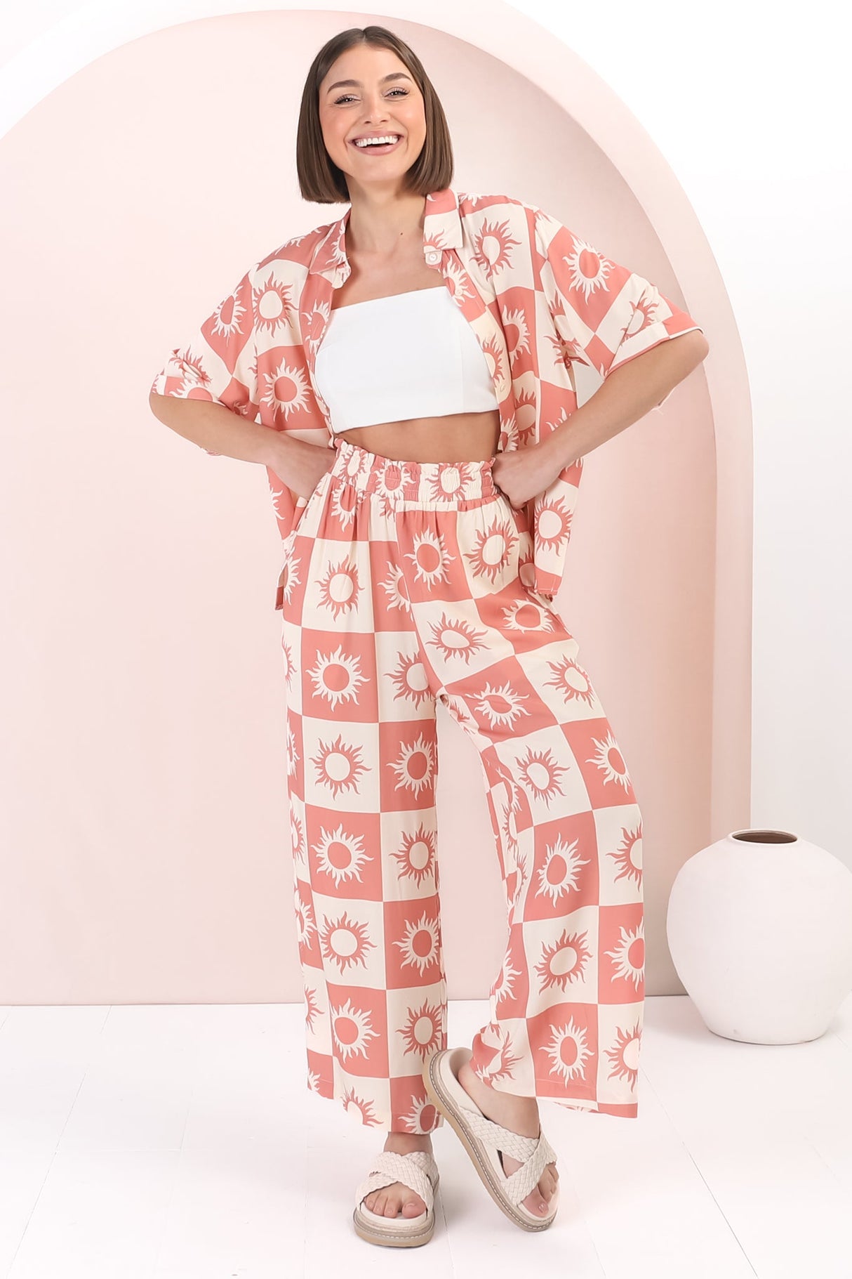 Rayane Collared Shirt and Pants Set - Sulane Print in Pink