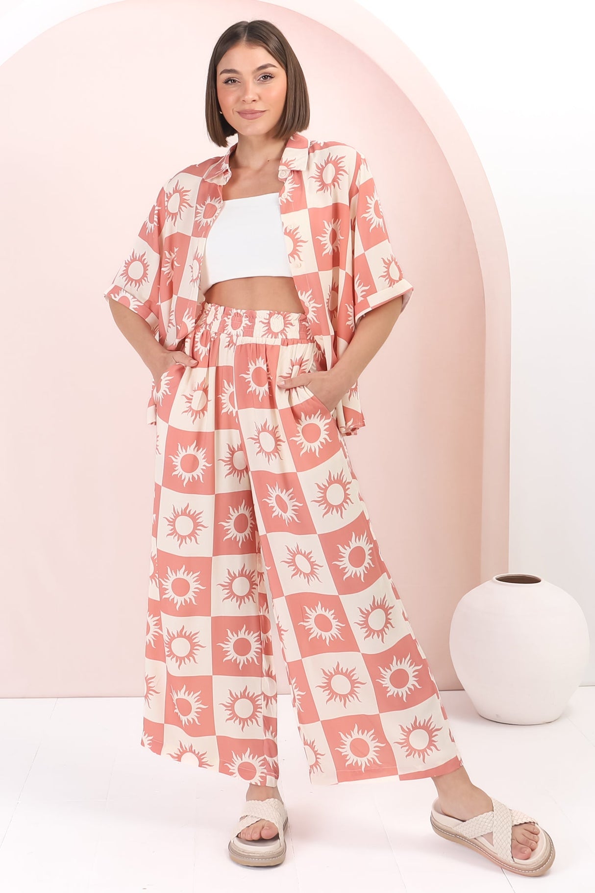 Rayane Collared Shirt and Pants Set - Sulane Print in Pink