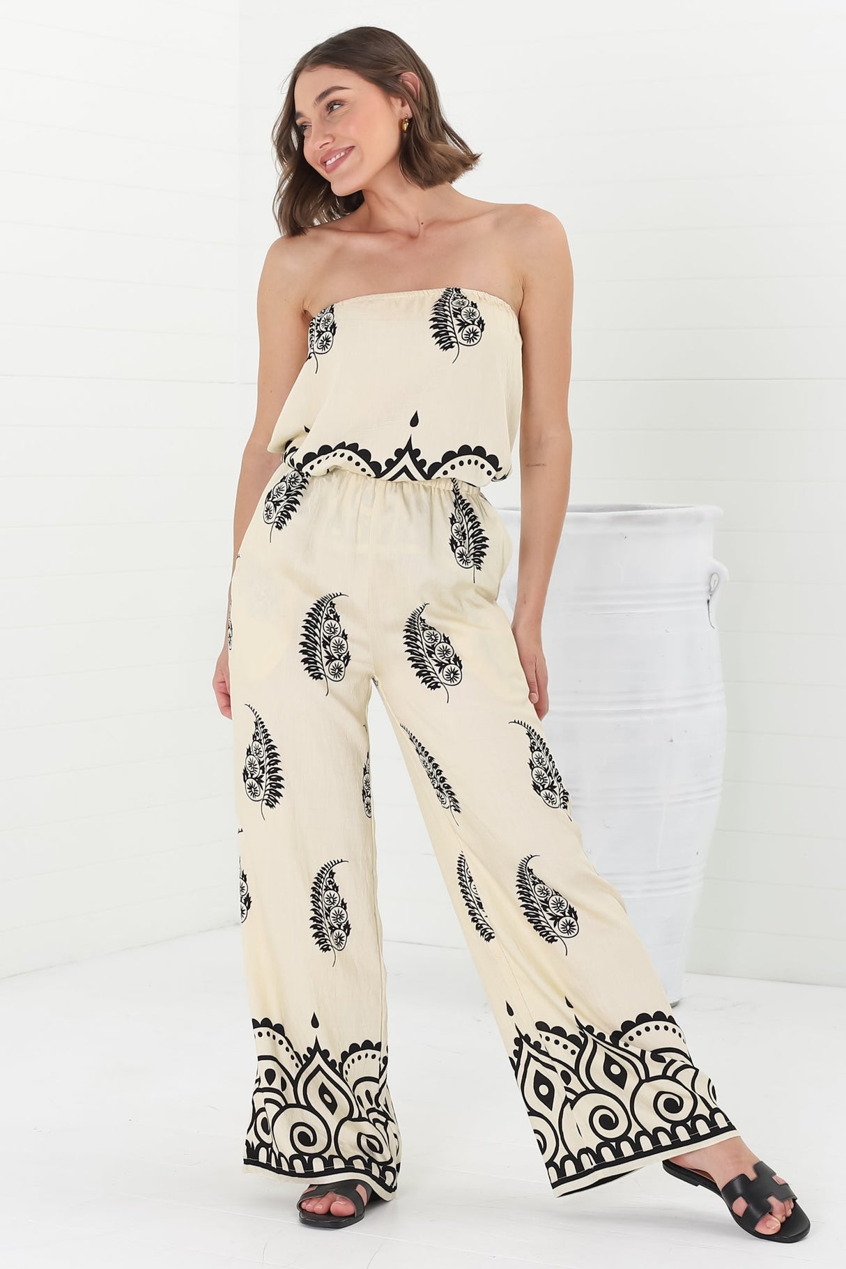 Rayane Bandeaux Top and Pant Set - Tamila Print Beige