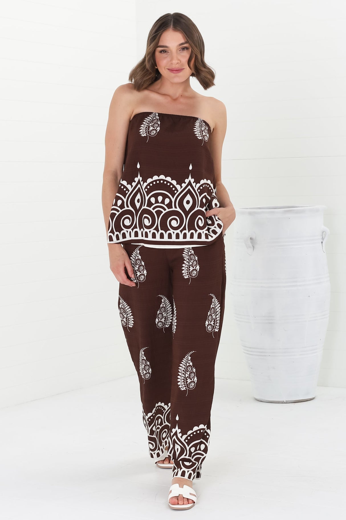 Rayane Bandeaux Top and Pants Set - Tamila Print Brown