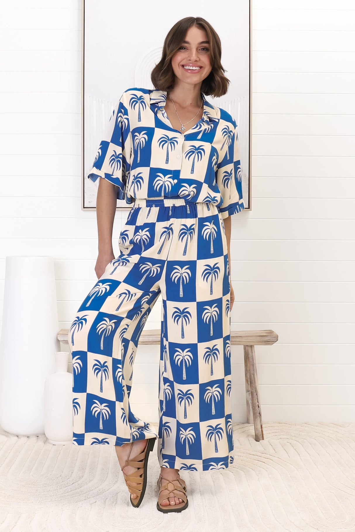 Rayane Collared Shirt and Pants Set - Nohea Print in Blue