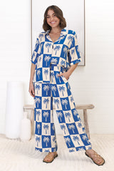 Rayane Collared Shirt and Pants Set - Nohea Print in Blue