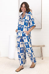 Rayane Collared Shirt and Pants Set - Nohea Print in Blue