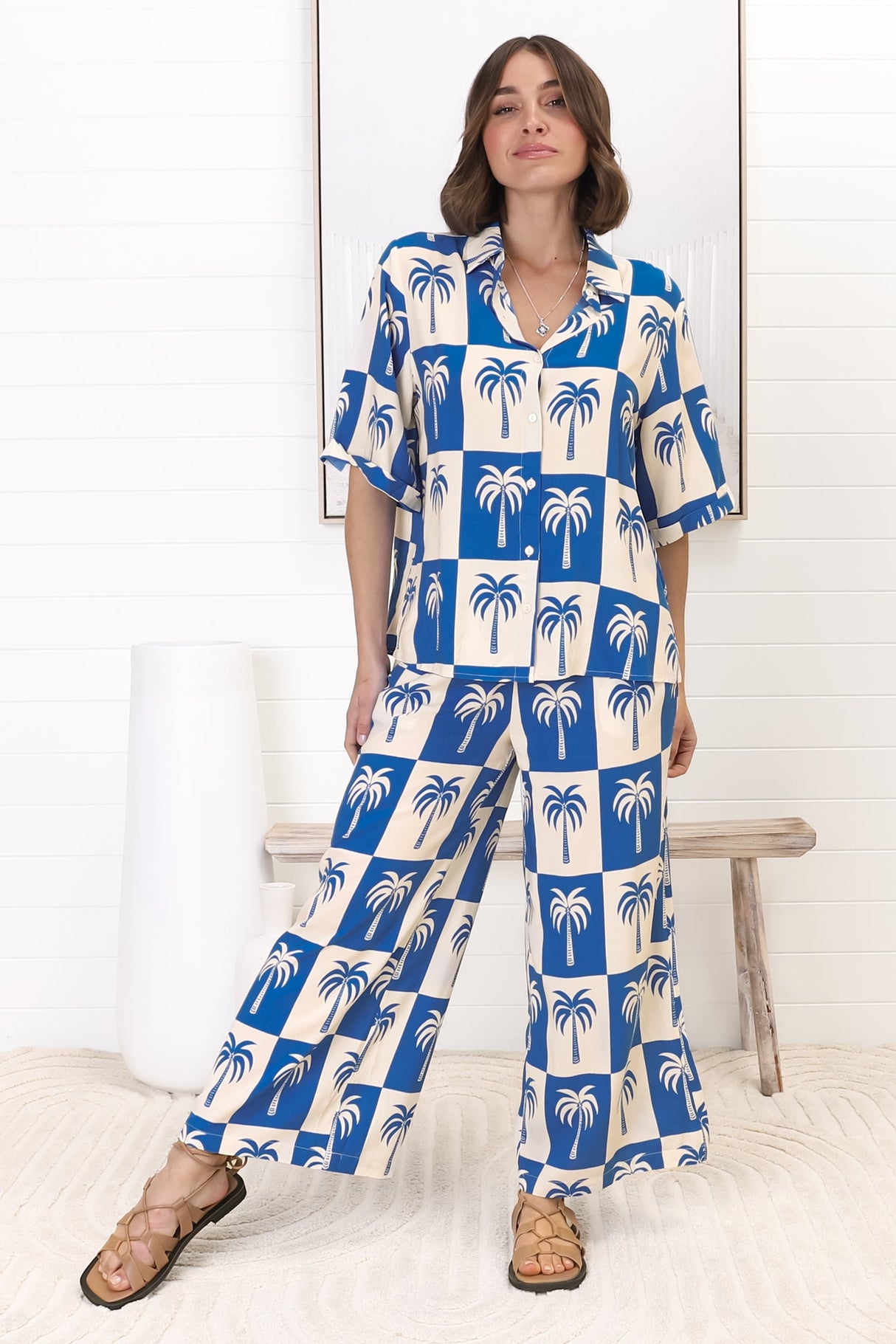 Rayane Collared Shirt and Pants Set - Nohea Print in Blue