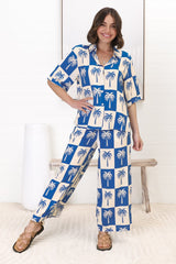 Rayane Collared Shirt and Pants Set - Nohea Print in Blue