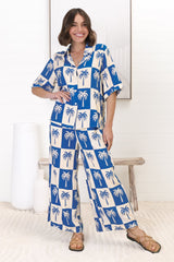 Rayane Collared Shirt and Pants Set - Nohea Print in Blue