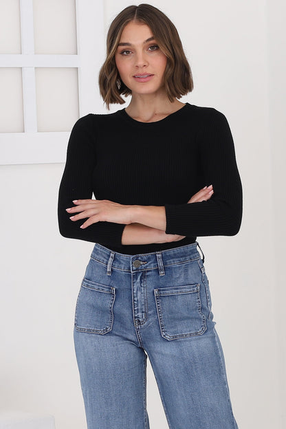 Raye Knit Top - Crew Neck Ribbed Long Sleeve Top in Black