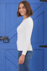 Raye Knit Top - Crew Neck Ribbed Long Sleeve Top in White