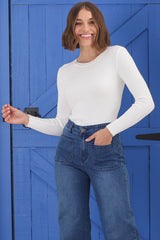 Raye Knit Top - Crew Neck Ribbed Long Sleeve Top in White