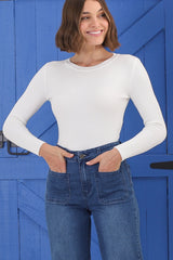 Raye Knit Top - Crew Neck Ribbed Long Sleeve Top in White