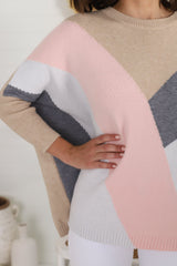 Reed Jumper - Colour Block Batwing Long Sleeve Knit in Beige