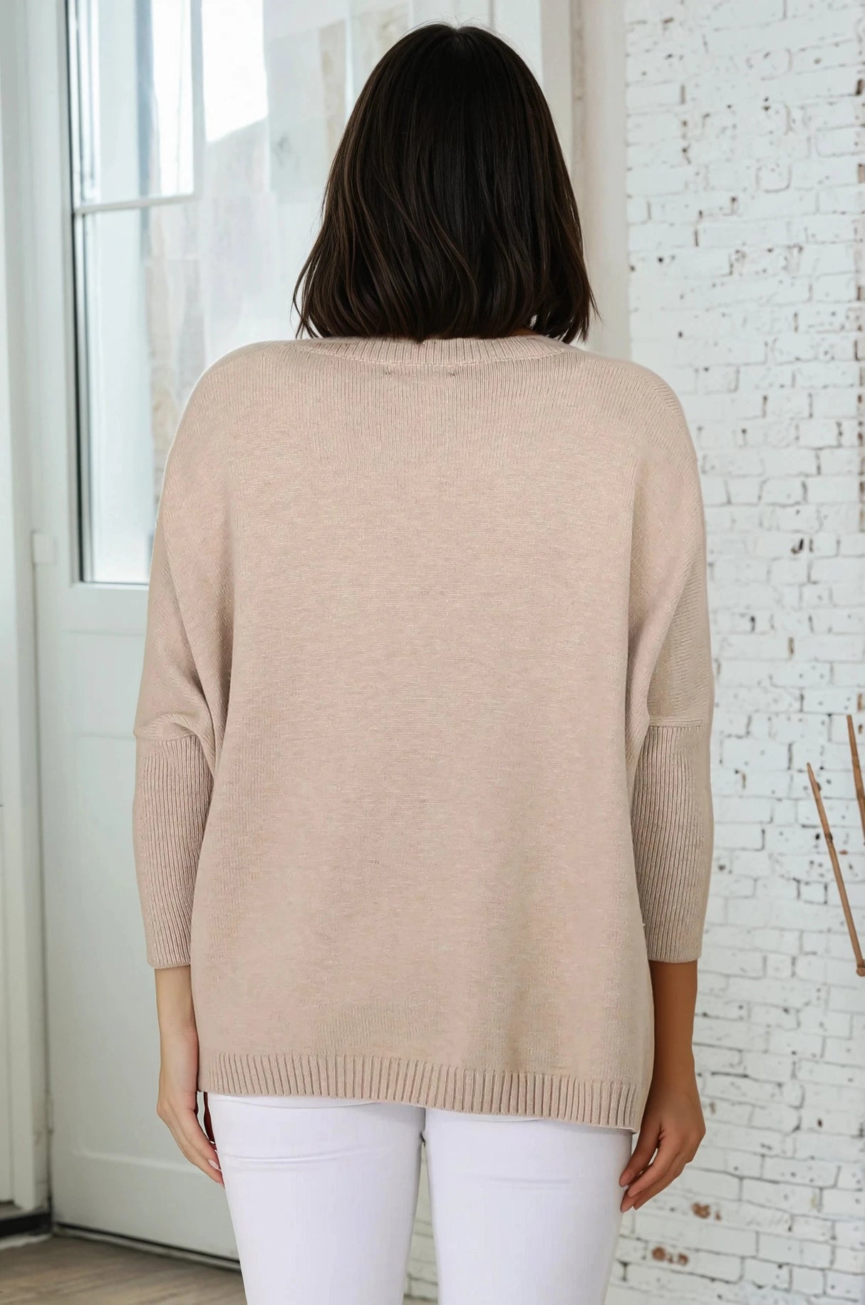 Reed Jumper - Colour Block Batwing Long Sleeve Knit in Beige