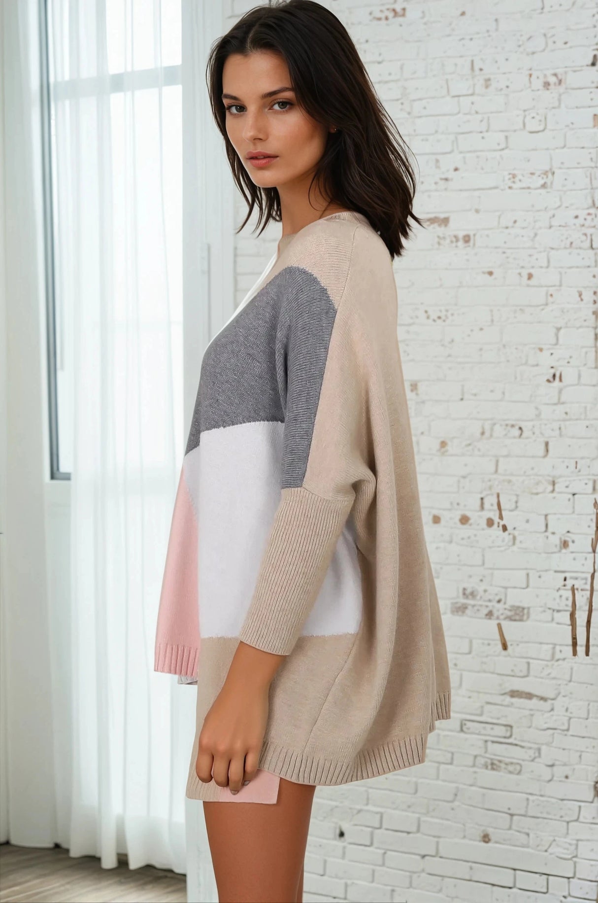 Reed Jumper - Colour Block Batwing Long Sleeve Knit in Beige