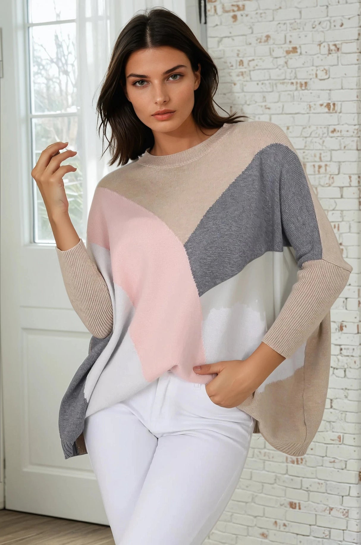 Reed Jumper - Colour Block Batwing Long Sleeve Knit in Beige