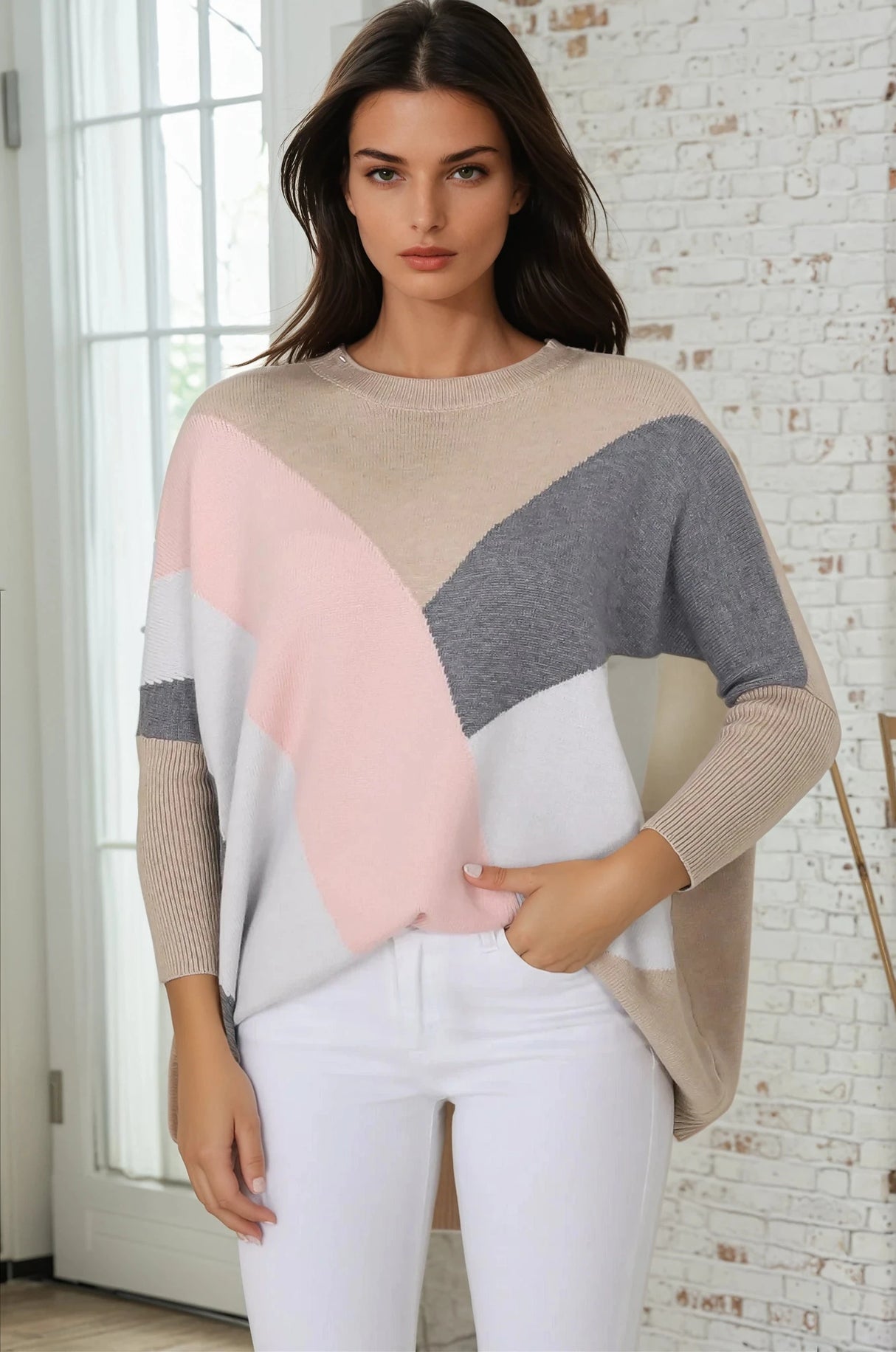 Reed Jumper - Colour Block Batwing Long Sleeve Knit in Beige