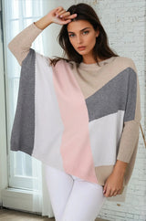 Reed Jumper - Colour Block Batwing Long Sleeve Knit in Beige