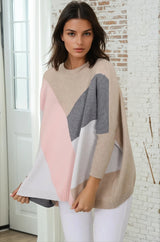 Reed Jumper - Colour Block Batwing Long Sleeve Knit in Beige