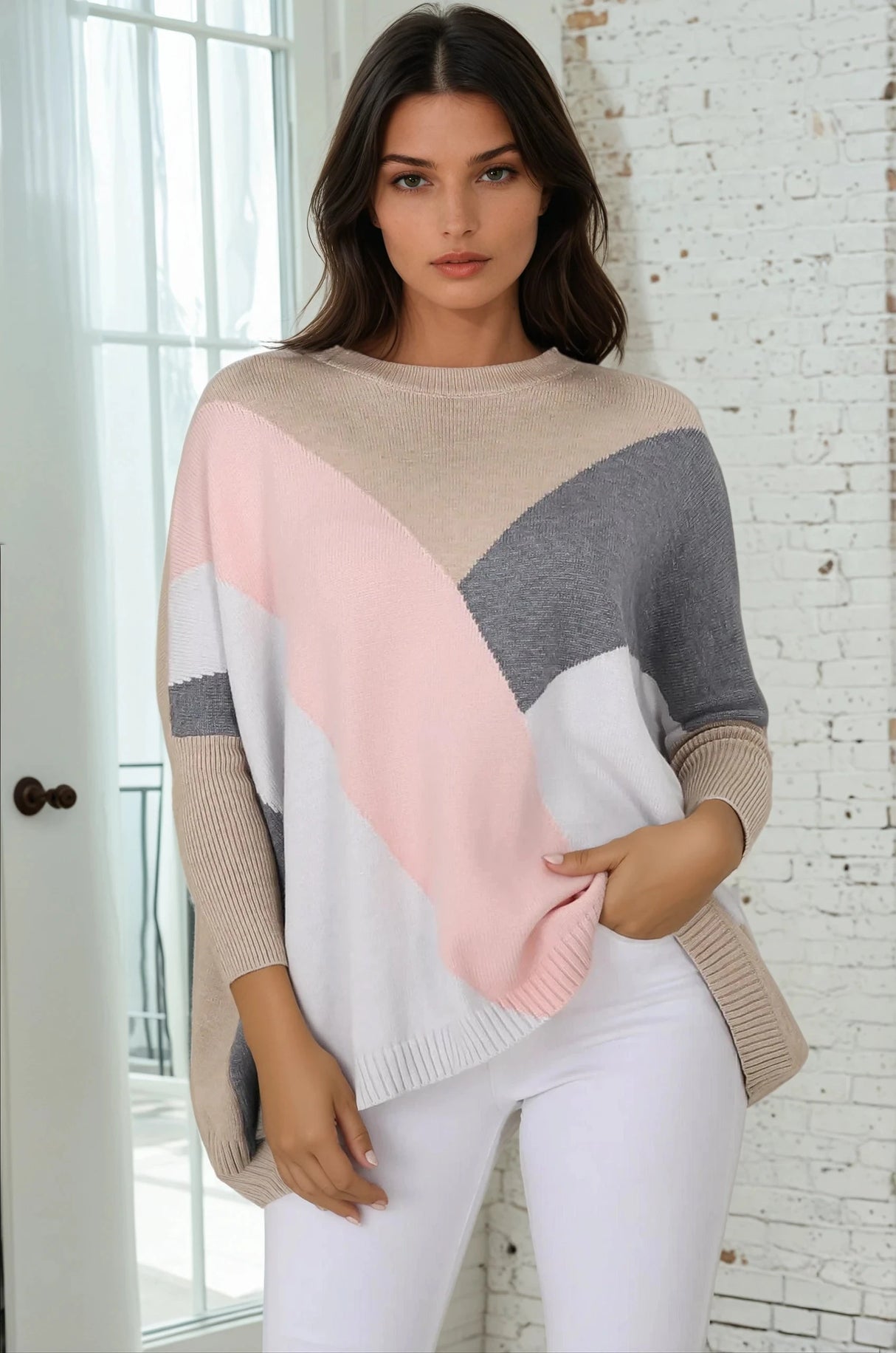 Reed Jumper - Colour Block Batwing Long Sleeve Knit in Beige