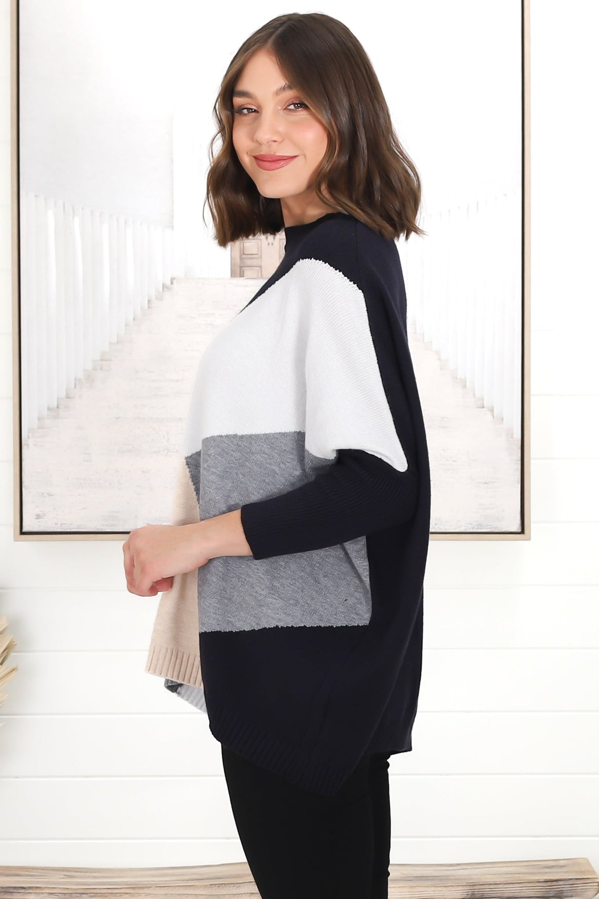 Reed Jumper - Colour Block Batwing Long Sleeve Knit in Black