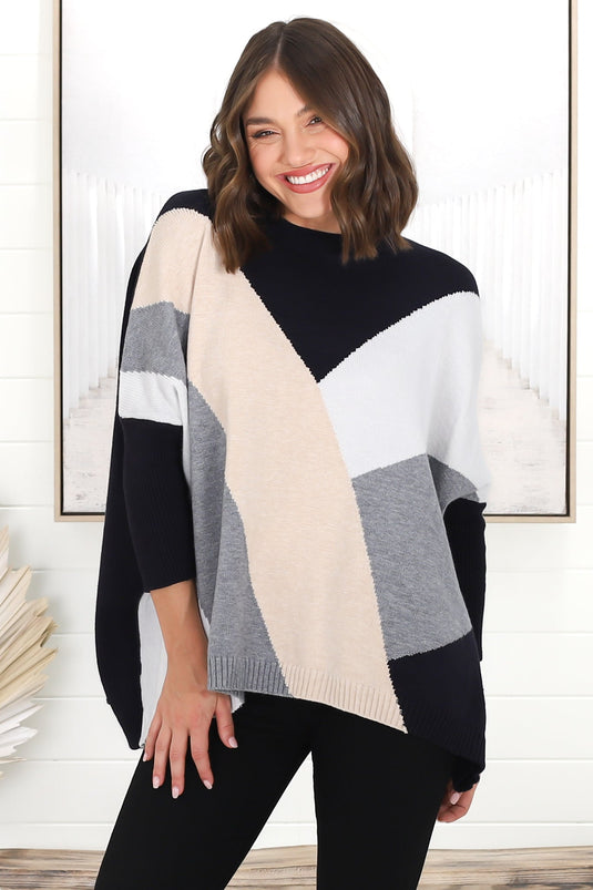 Reed Jumper - Colour Block Batwing Long Sleeve Knit in Black