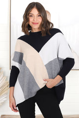 Reed Jumper - Colour Block Batwing Long Sleeve Knit in Black