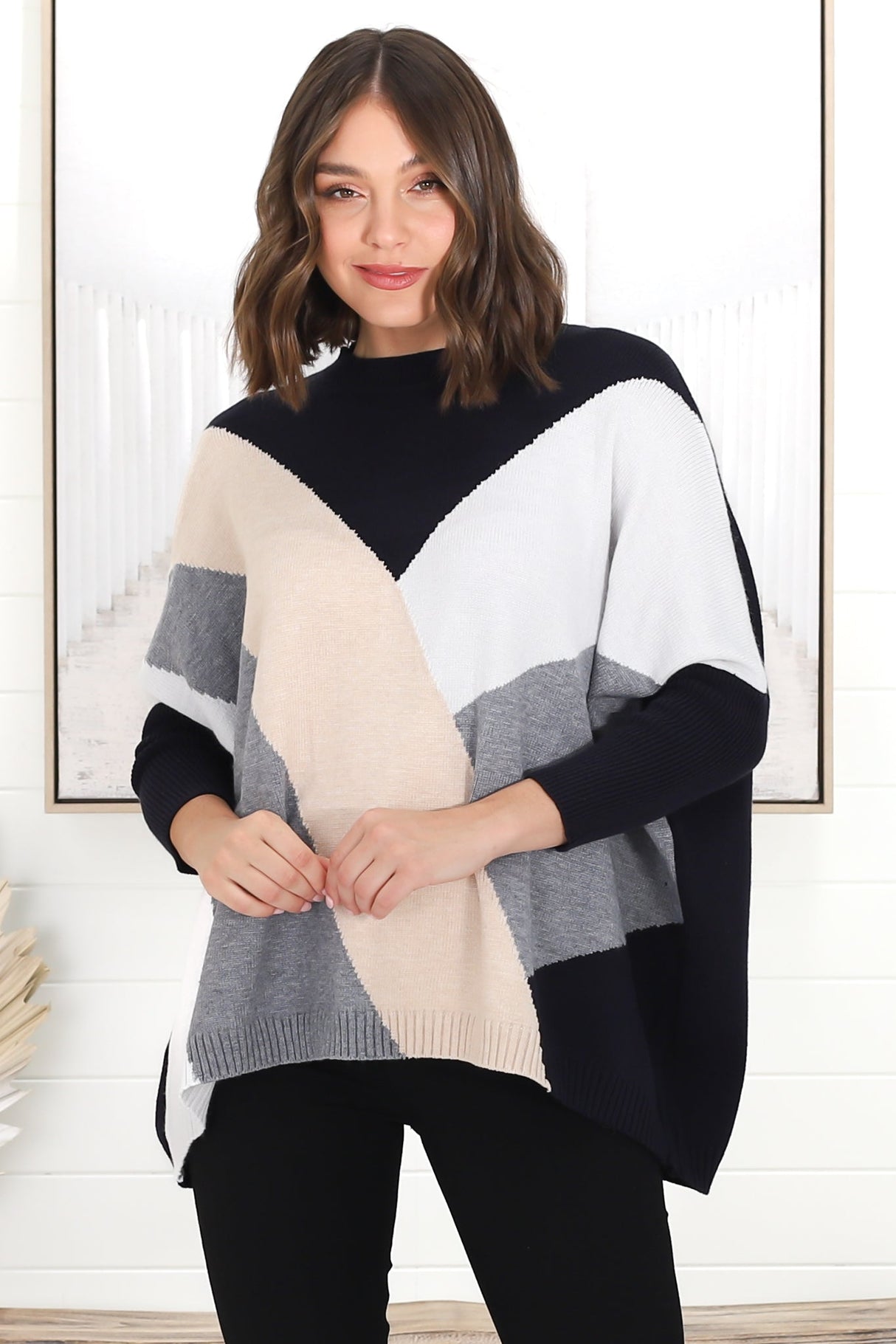 Reed Jumper - Colour Block Batwing Long Sleeve Knit in Black