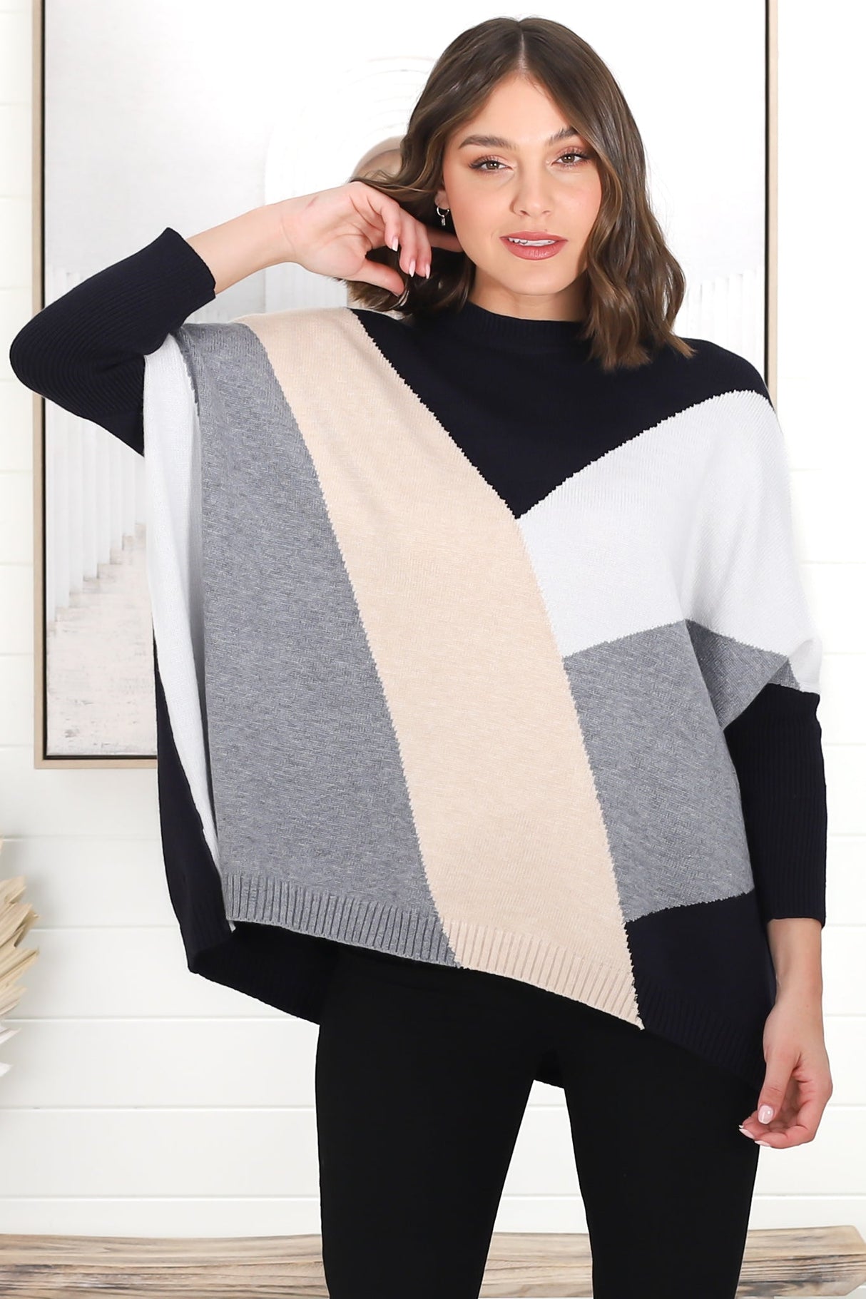 Reed Jumper - Colour Block Batwing Long Sleeve Knit in Black