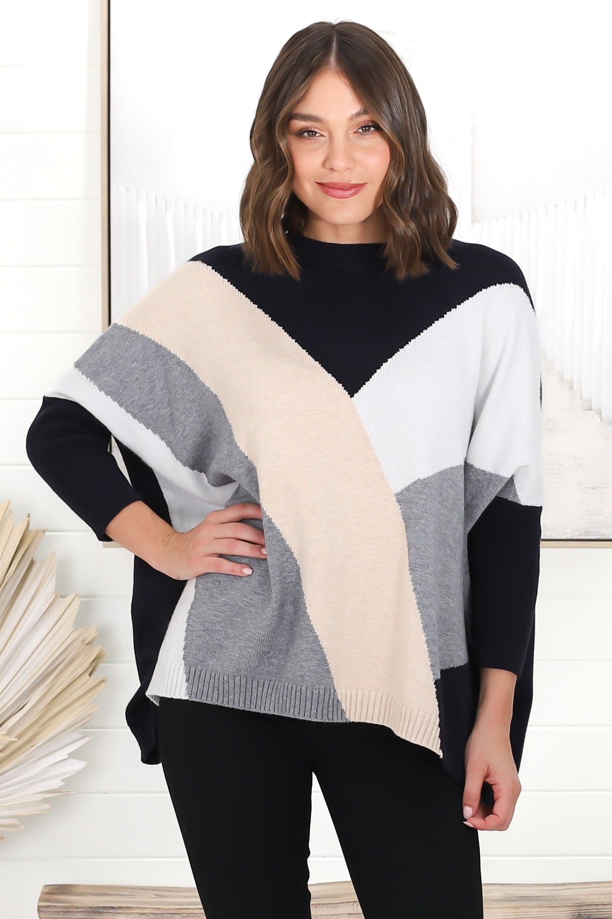 Reed Jumper - Colour Block Batwing Long Sleeve Knit in Black