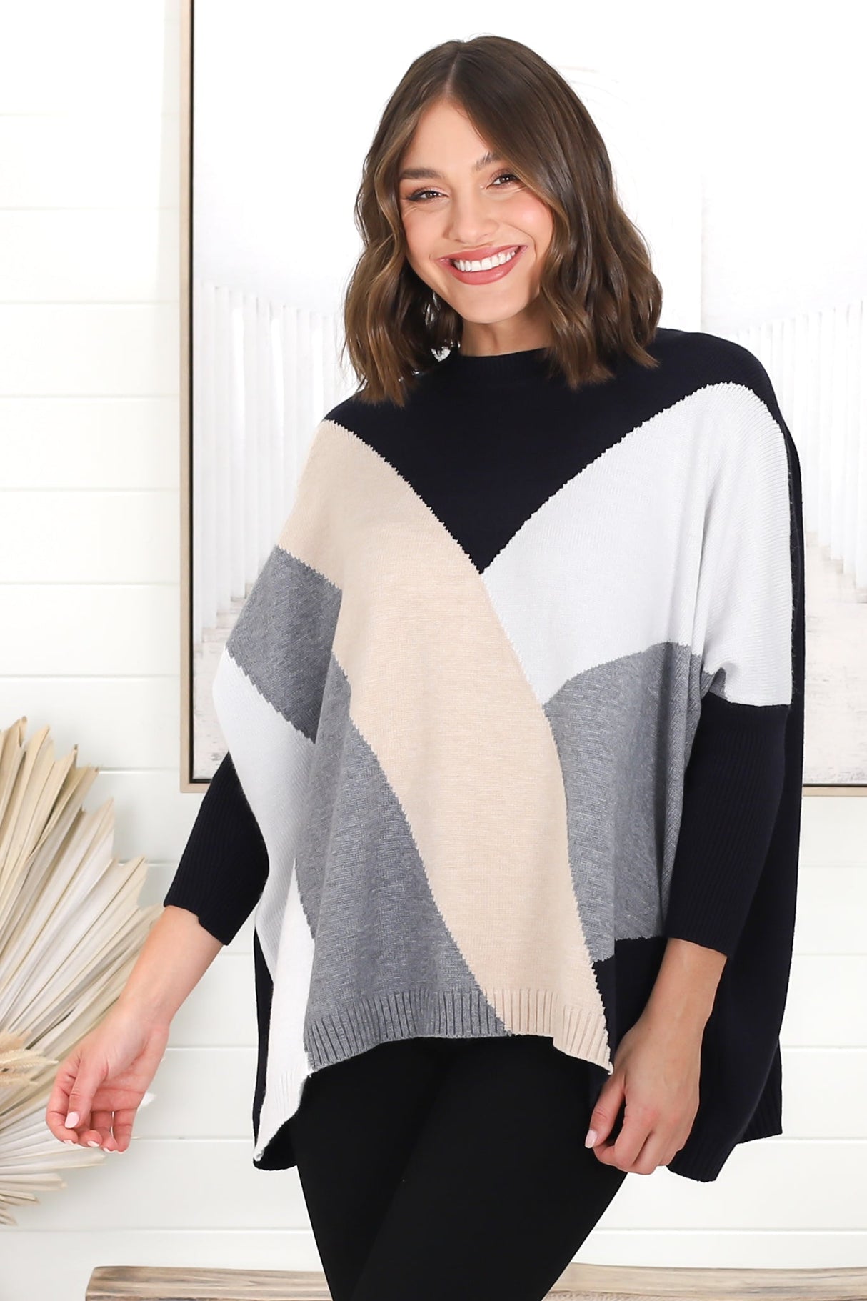 Reed Jumper - Colour Block Batwing Long Sleeve Knit in Black