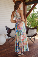 JAASE - Reef Maxi Dress: Ajustable Neck Line and Waist Soft V Neckline Dress in Electric Feels Print