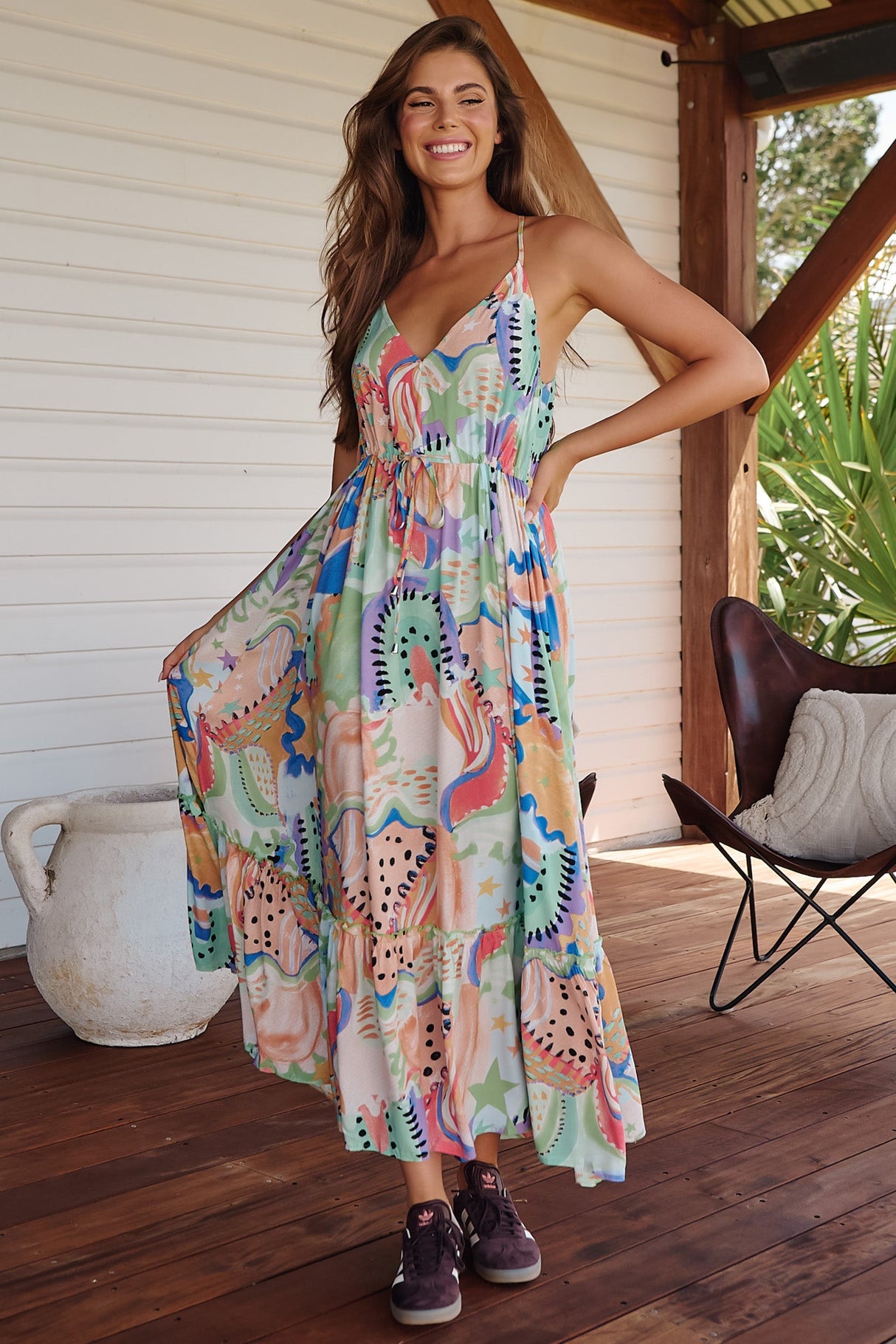 JAASE - Reef Maxi Dress: Ajustable Neck Line and Waist Soft V Neckline Dress in Electric Feels Print