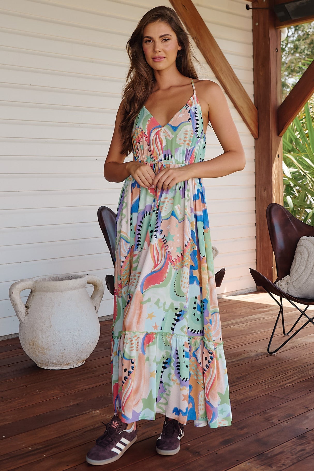 JAASE - Reef Maxi Dress: Ajustable Neck Line and Waist Soft V Neckline Dress in Electric Feels Print