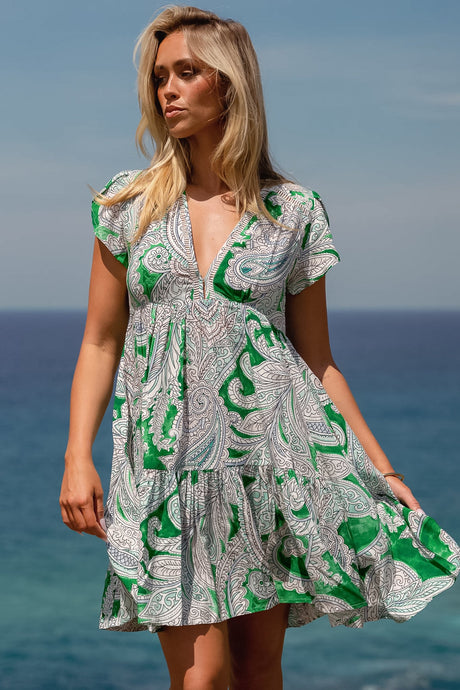 JAASE - Reese Mini Dress: Cap Sleeve Tiered Babydoll Dress in Kashira Print