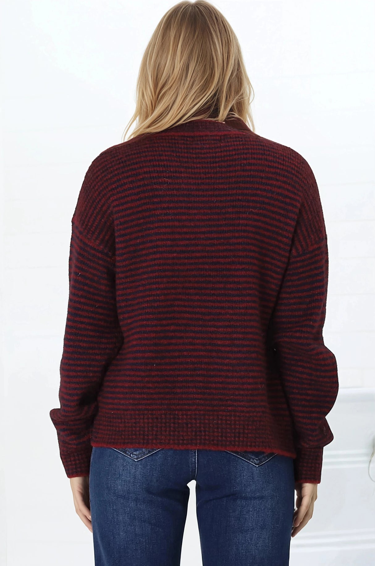 Regie Jumper - Crew Neck Soft Knit Stripe Jumper in Red