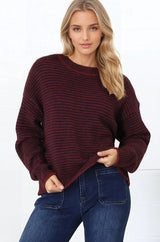 Regie Jumper - Crew Neck Soft Knit Stripe Jumper in Red