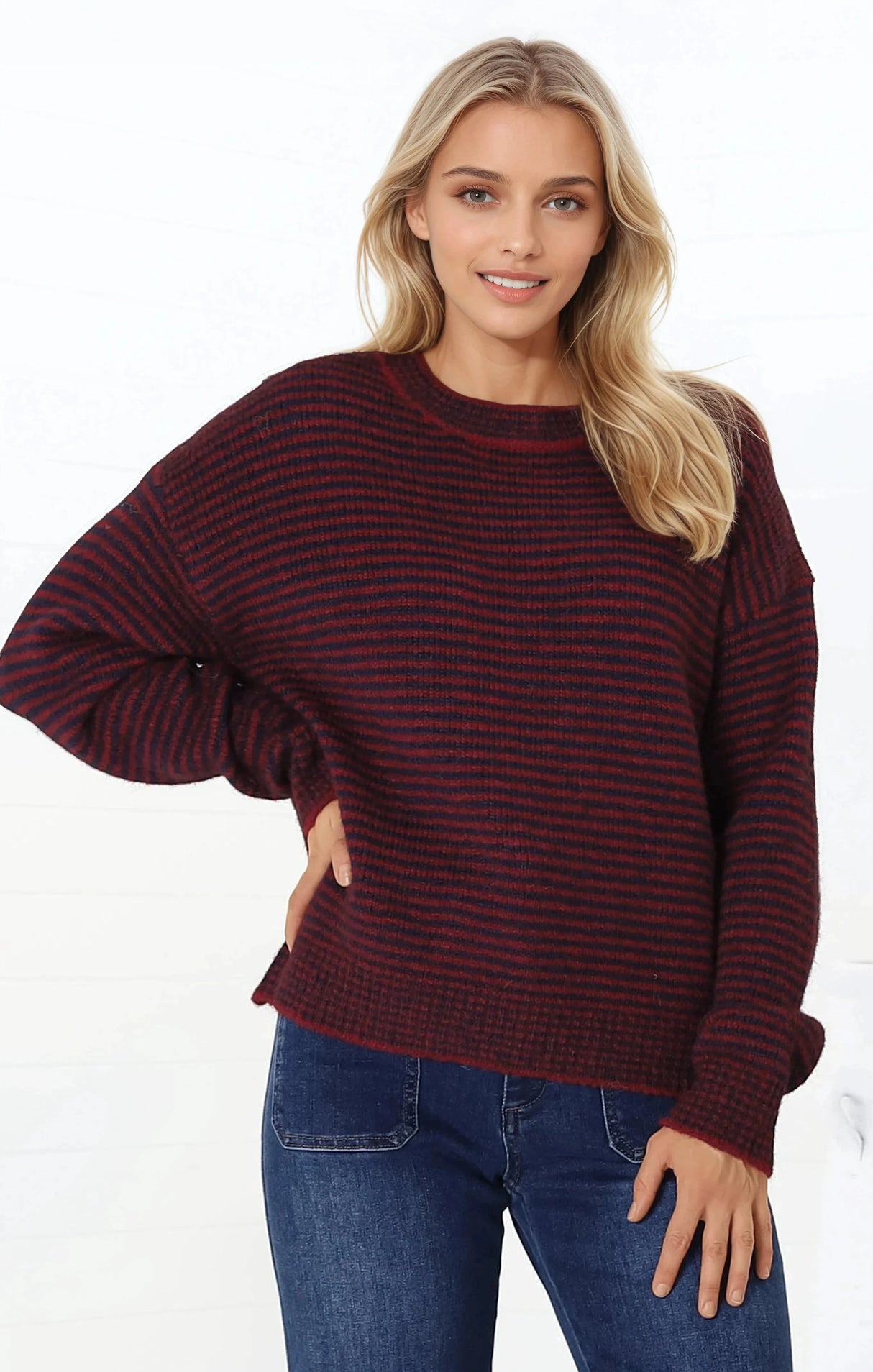 Regie Jumper - Crew Neck Soft Knit Stripe Jumper in Red