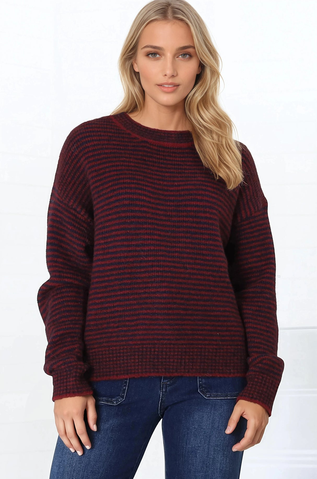 Regie Jumper - Crew Neck Soft Knit Stripe Jumper in Red