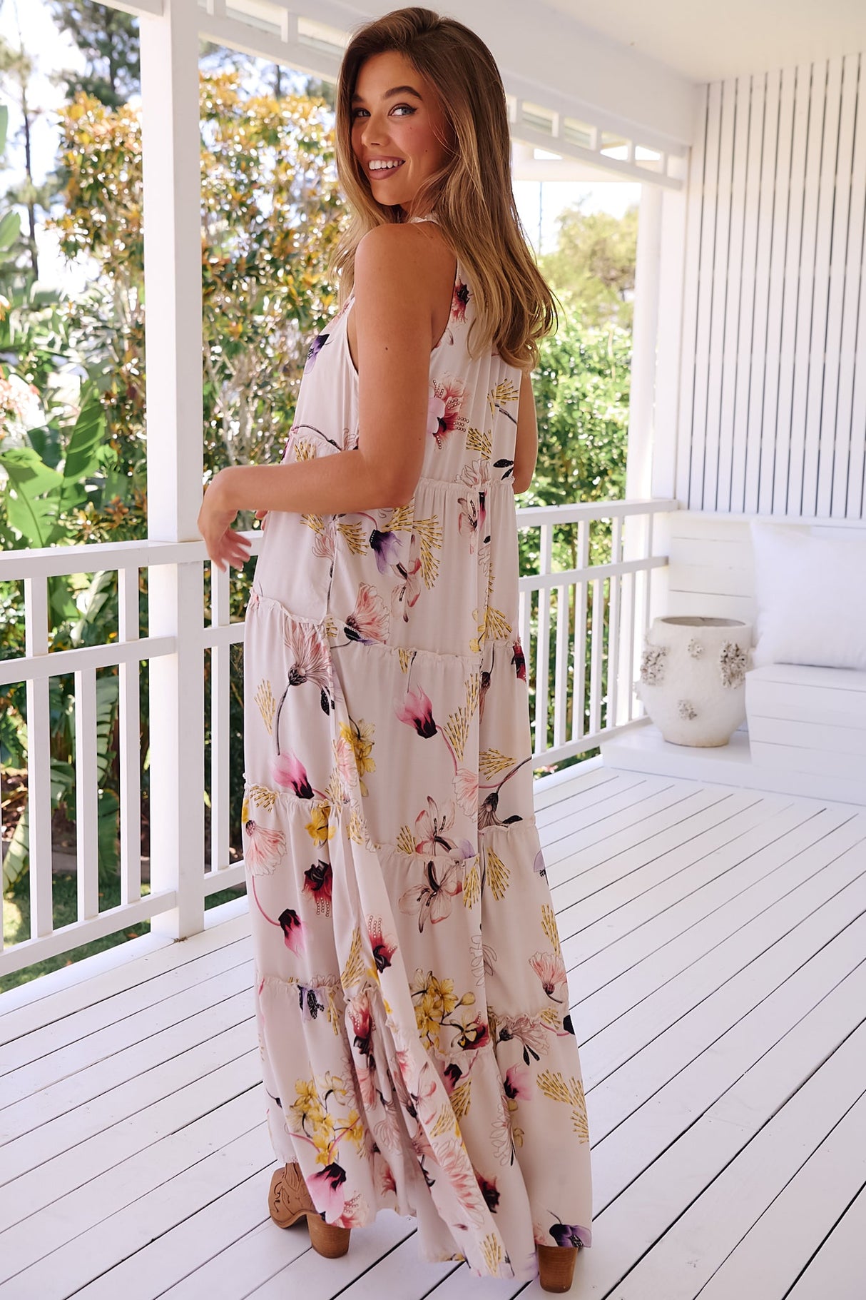 JAASE - Remi Jumpsuit: Round Neckline Frill Splicing Wide Leg Jumpsuit in Julietta Print