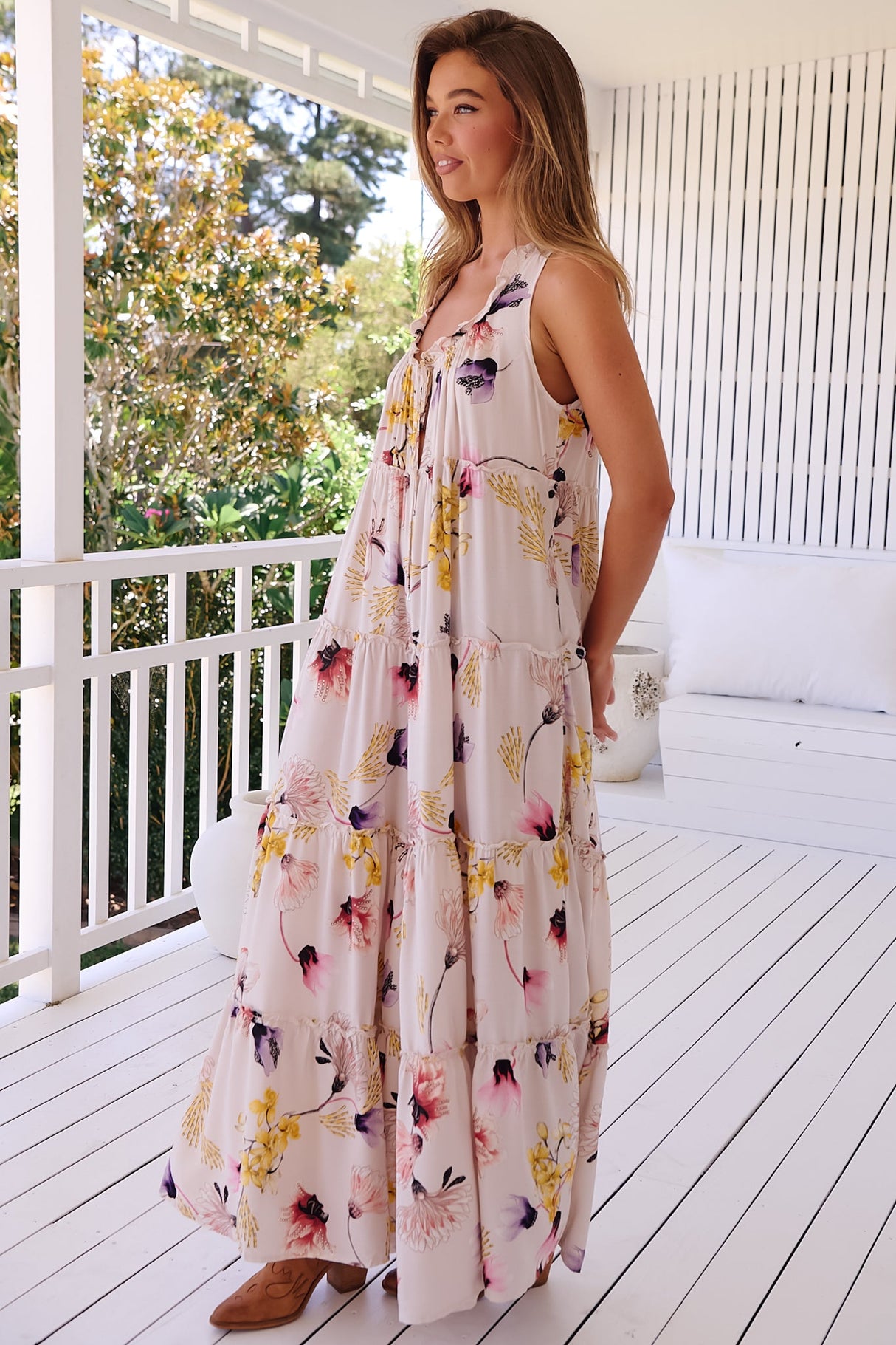 JAASE - Remi Jumpsuit: Round Neckline Frill Splicing Wide Leg Jumpsuit in Julietta Print