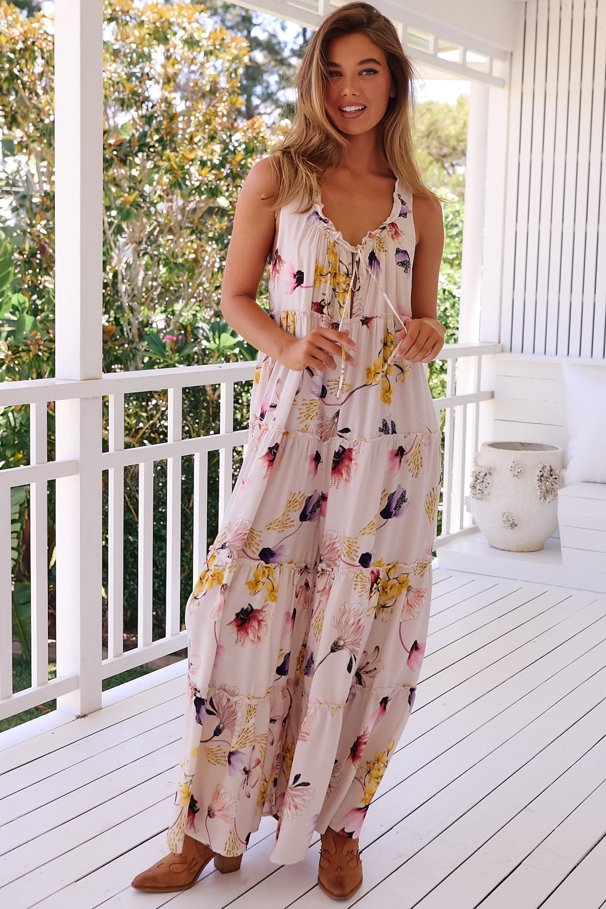 JAASE - Remi Jumpsuit: Round Neckline Frill Splicing Wide Leg Jumpsuit in Julietta Print