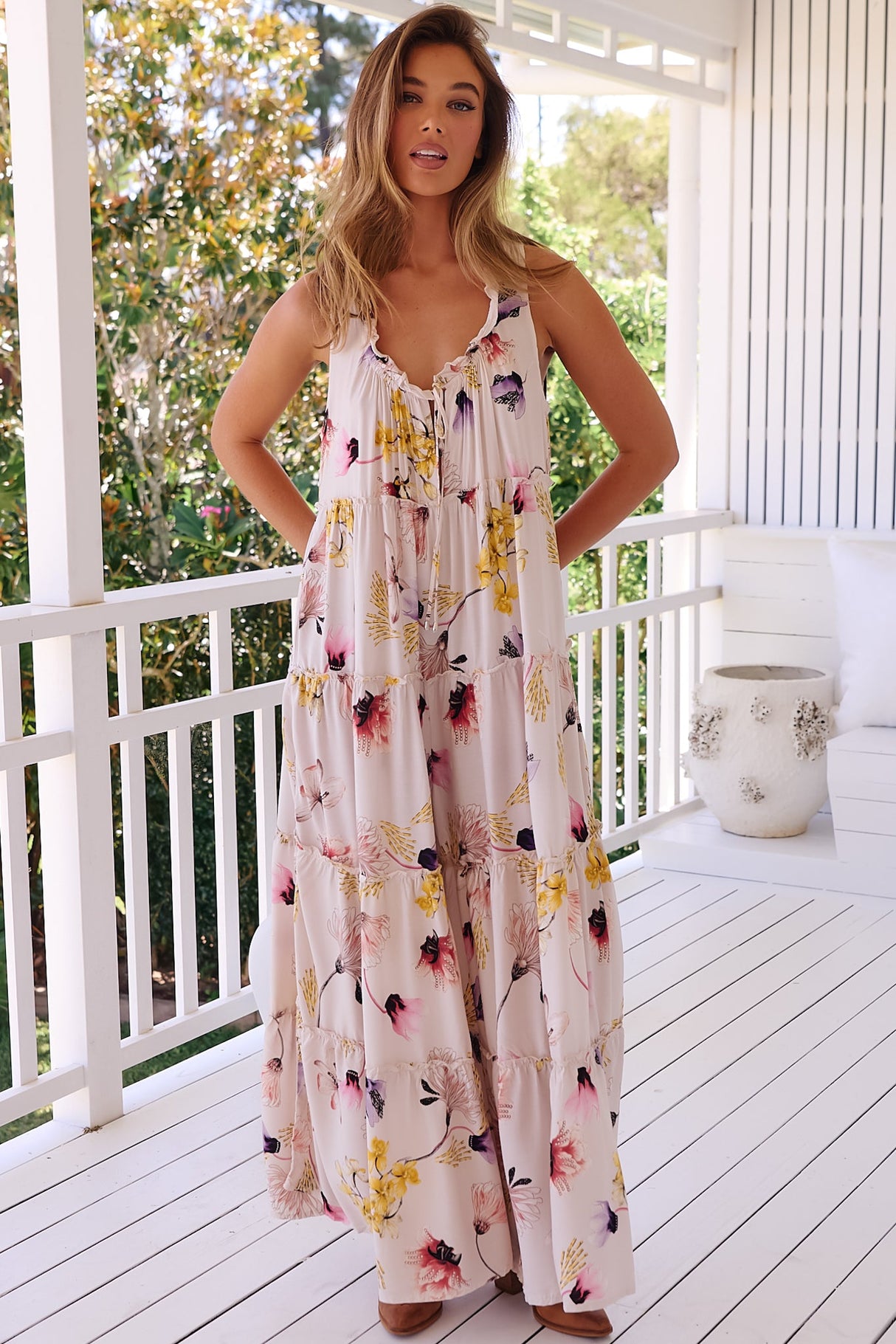 JAASE - Remi Jumpsuit: Round Neckline Frill Splicing Wide Leg Jumpsuit in Julietta Print