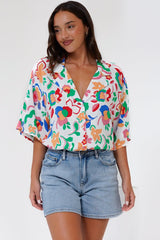 Remira Shirt - Collared Boxy Cut Short Sleeve Shirt in Leland Print