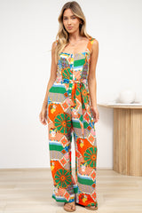 Ren Jumpsuit - Square Neck Thick Strap Jumpsuit with Waist Tie and Pockets in Myra Print