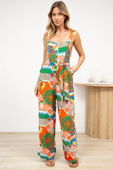 Ren Jumpsuit - Square Neck Thick Strap Jumpsuit with Waist Tie and Pockets in Myra Print