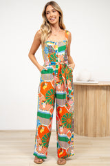 Ren Jumpsuit - Square Neck Thick Strap Jumpsuit with Waist Tie and Pockets in Myra Print