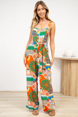 Ren Jumpsuit - Square Neck Thick Strap Jumpsuit with Waist Tie and Pockets in Myra Print