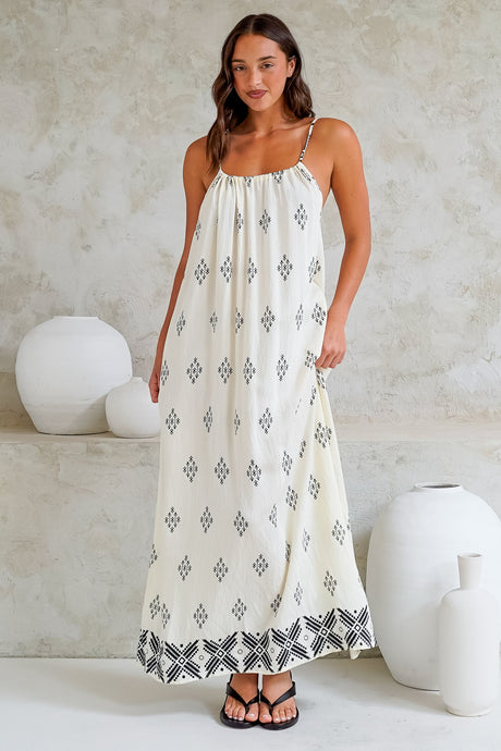 Milani Maxi Dress - Adjustable Halter Neck Sun Dress in Fresca Print White