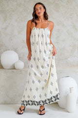 Milani Maxi Dress - Adjustable Halter Neck Sun Dress in Fresca Print White