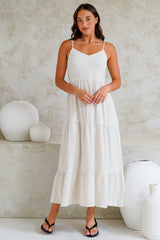 Bounty Maxi Dress - Soft V-Neckline Tiered Linen Dress in Oatmeal